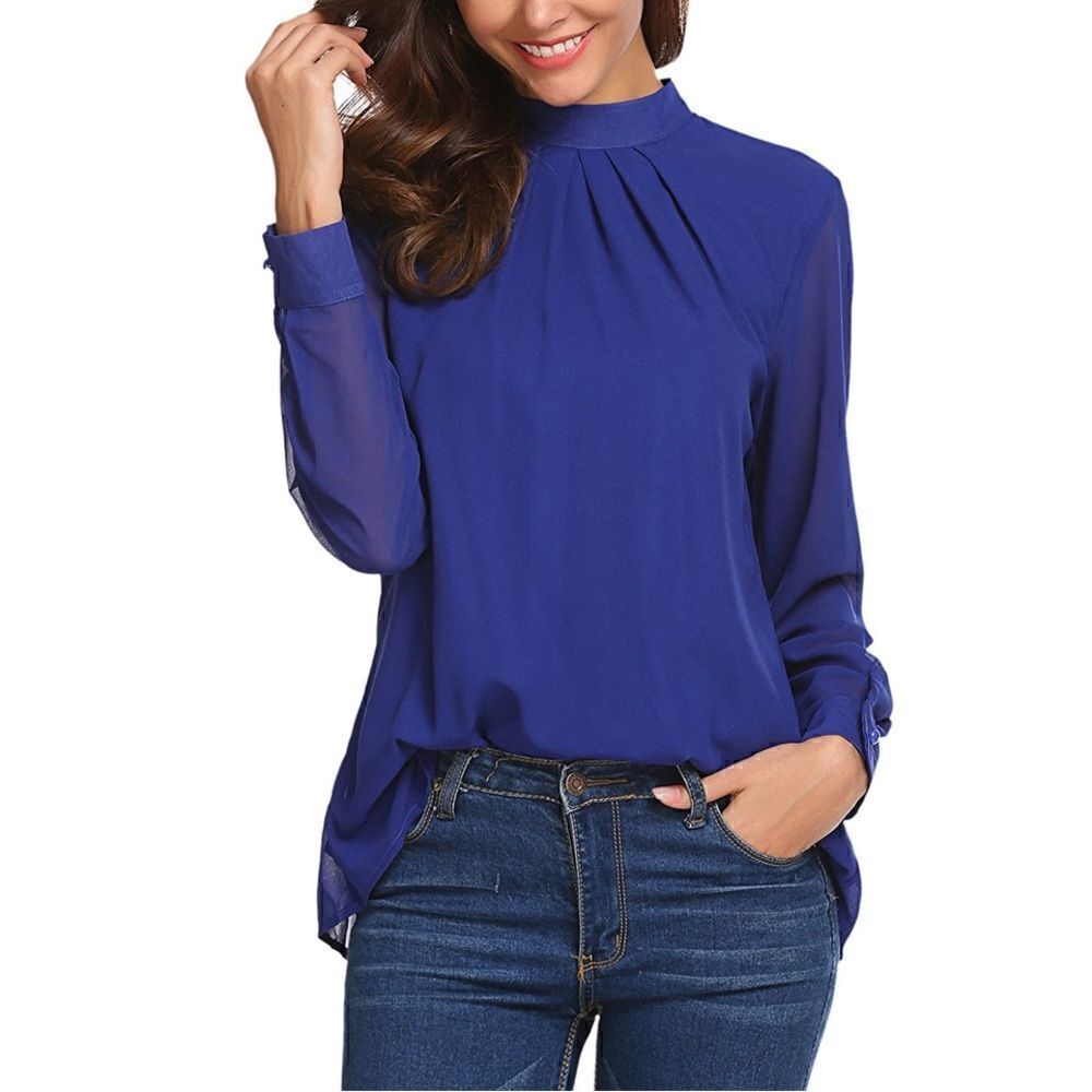 SoTeer Chiffon Blouse Loose Casual Long Sleeve Top Layered Dress Shirts Blue XXL